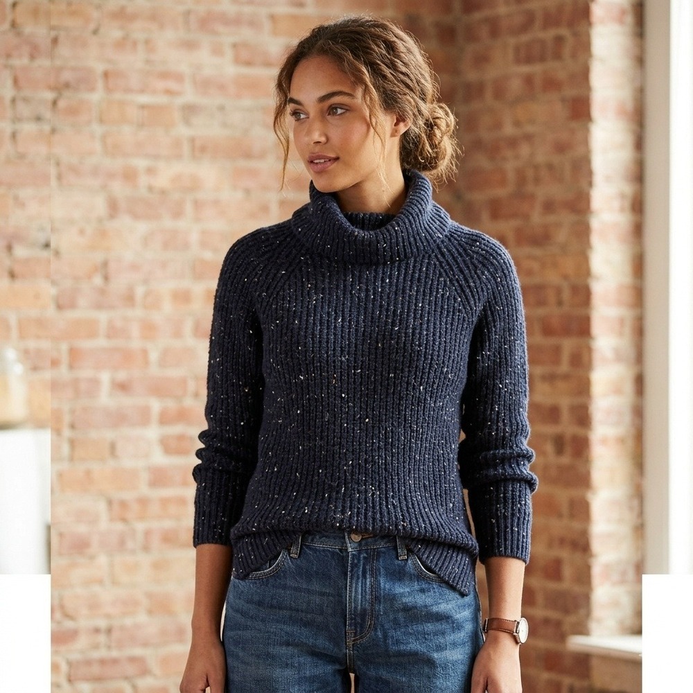 J.Crew Lambswool Chunky Knit Donegal Turtleneck Sweater Navy Blue Small